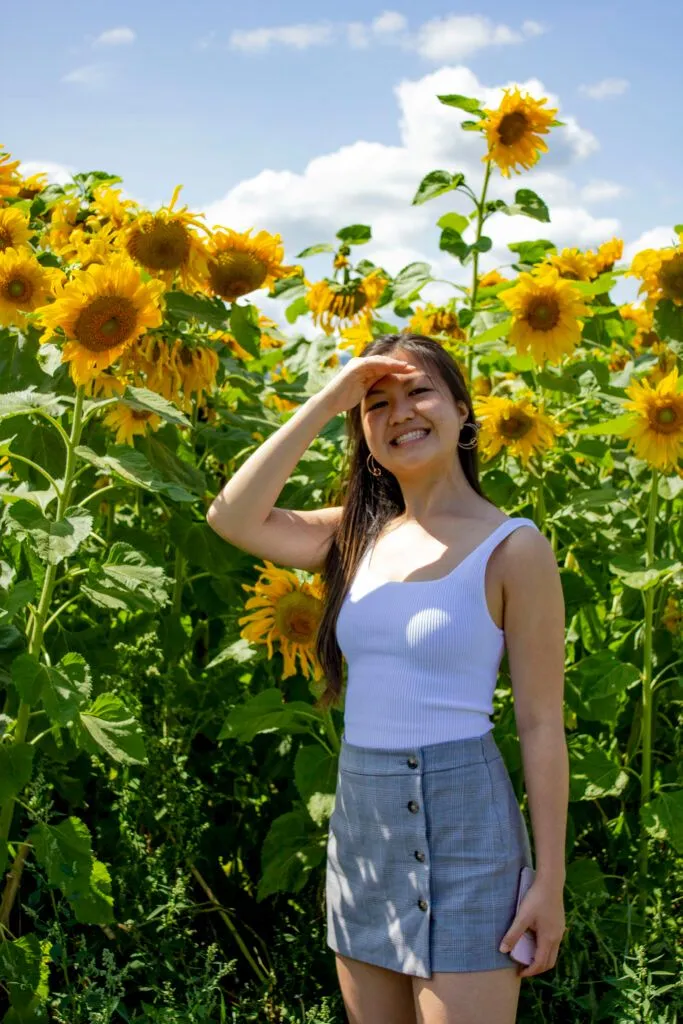 Jancis shielding her eyes from the summer sun amongst a sunflower field